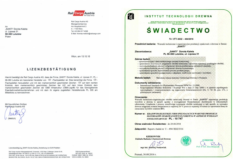 Licencja na produkcję palet / europalety UIC EUR bez znaku EPAL firmy SANTI | PRODUCENT PALET - PL -305 oraz certyfikat fitosanitarny IPPC / IPSM - 15 ( obróbka fitosanitarna palet )